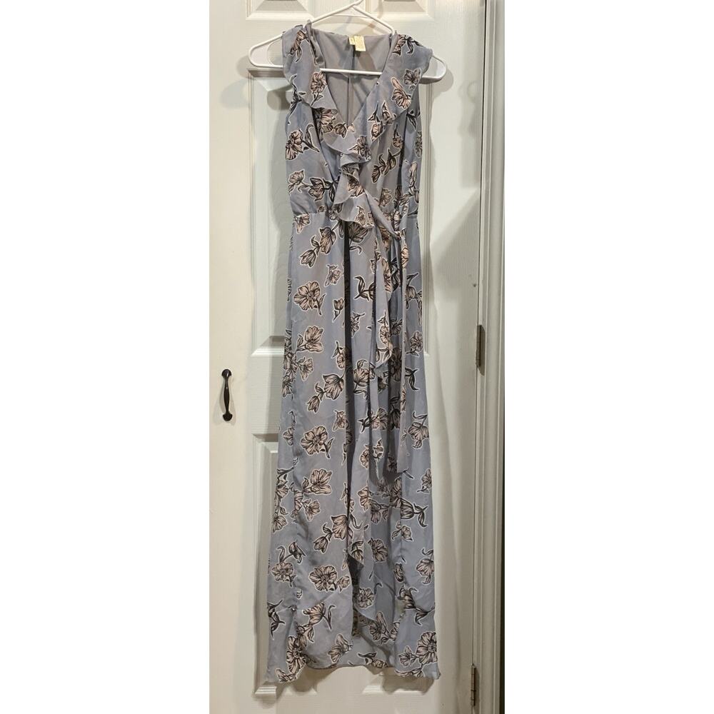 Japna Women's Dress EUC Sz Small Gray Floral Print Faux Wrap Maxi Ruffle Hi-Low